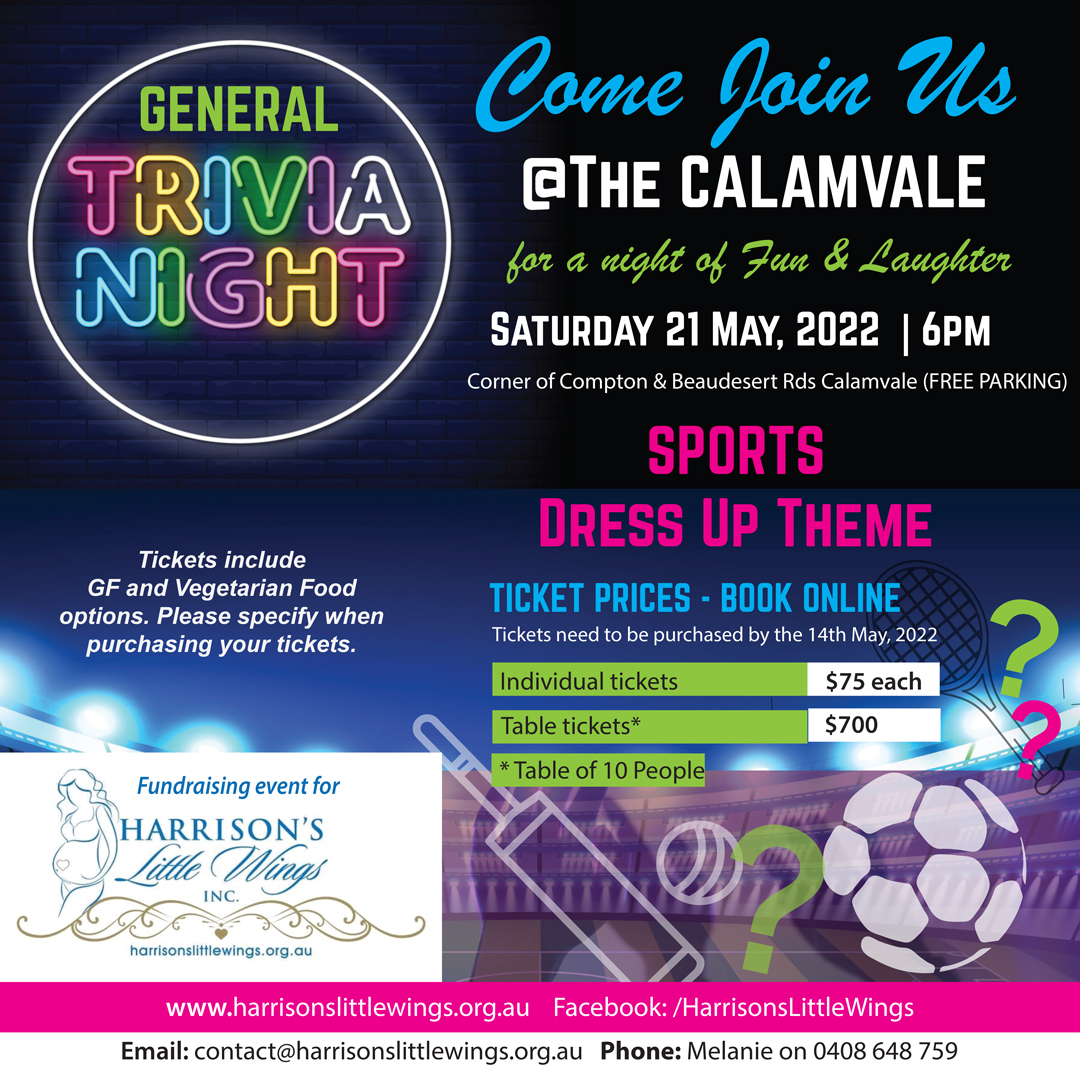 Trivia Night at The Calamvale Hotel on the 21st May, 2022 will hosted by Harrisons Little Wings